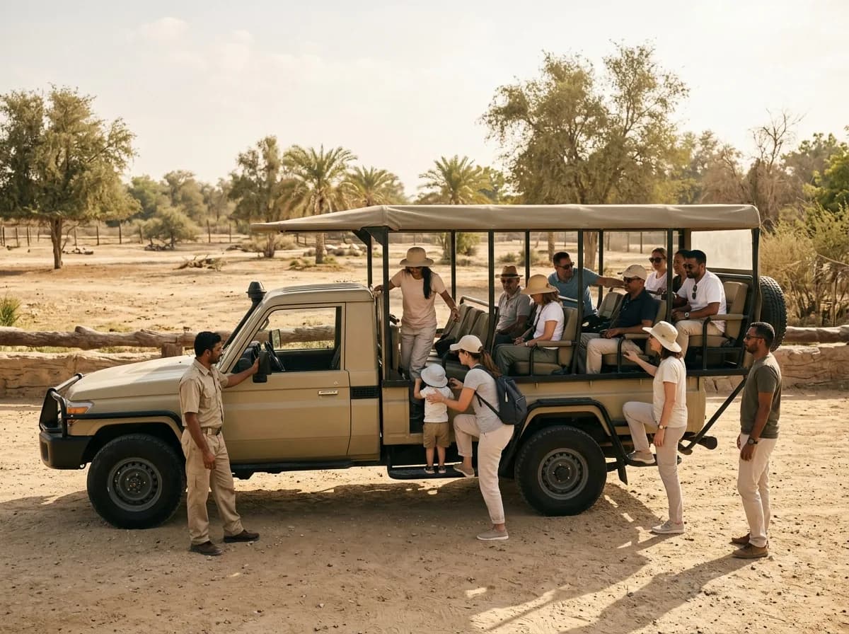 Tourists boarding an open safari vehicle with a guide at the controls.