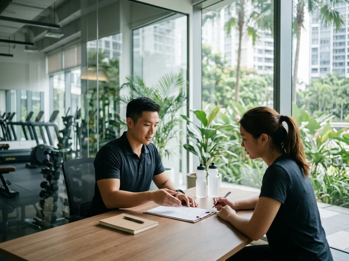 Fitness instructor consulting with client about training goals and progress