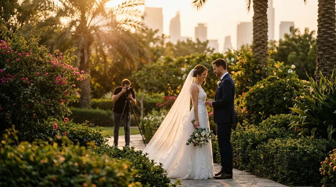 Wedding couple with photographer capturing their portrait in a garden