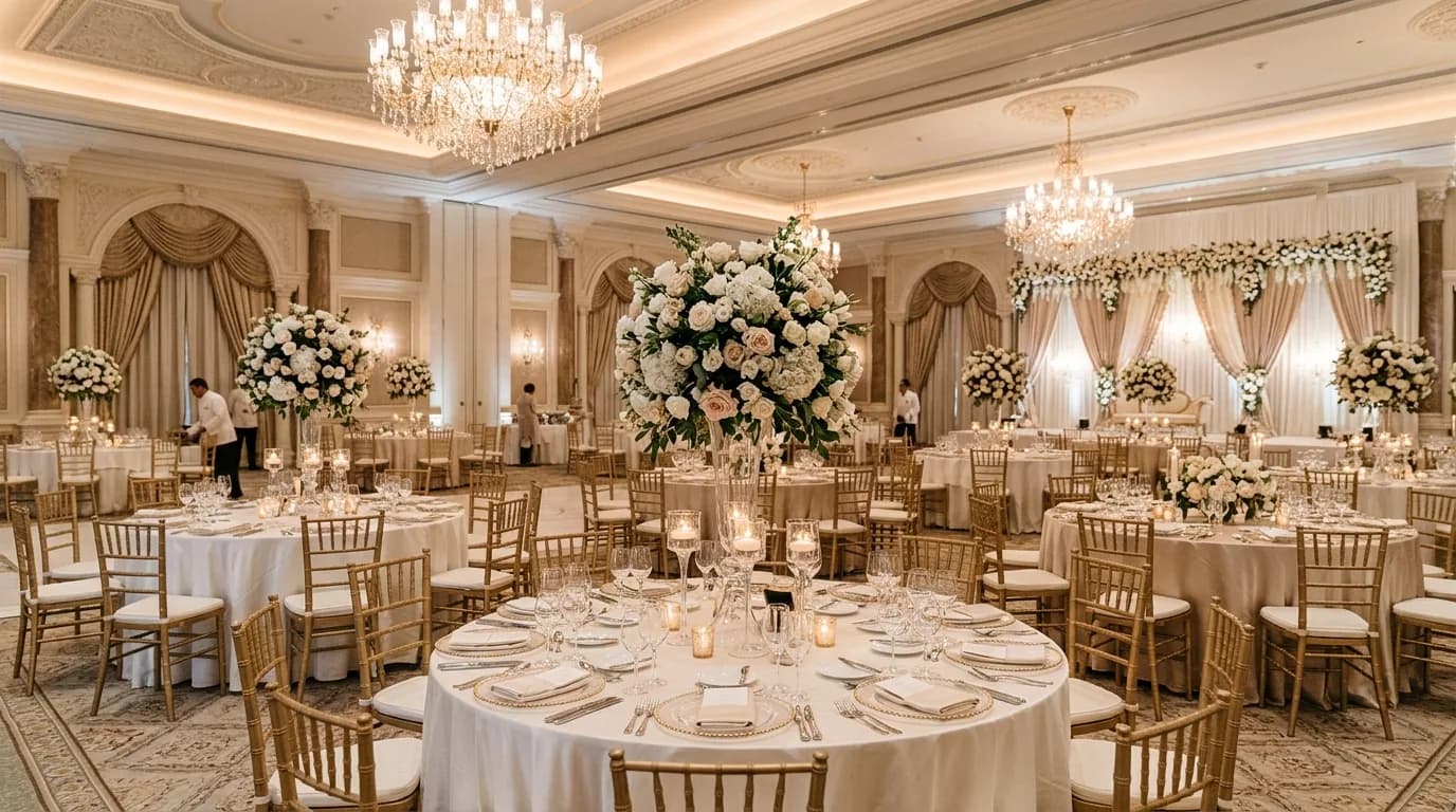 Elegant wedding reception hall with decorated tables and warm ambient lighting