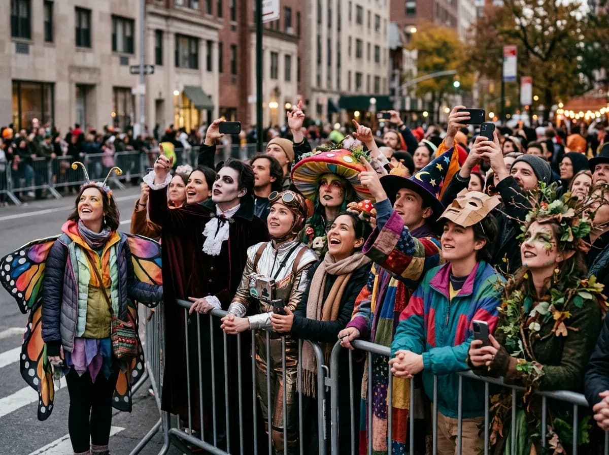 Crowd of people in Halloween costumes watching a parade on a city street.