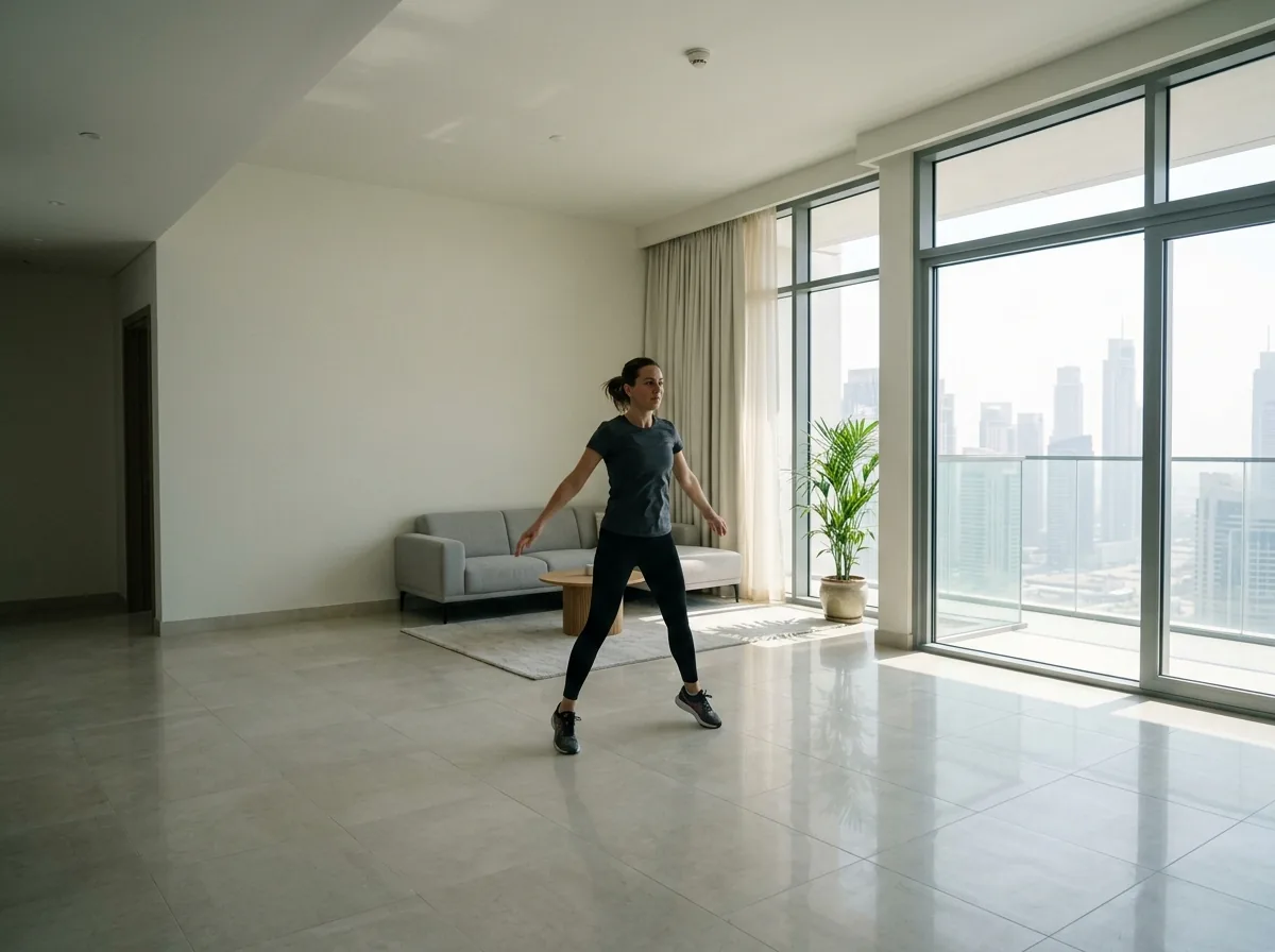 Person exercising in a bright, spacious-feeling apartment living room with minimal furniture.