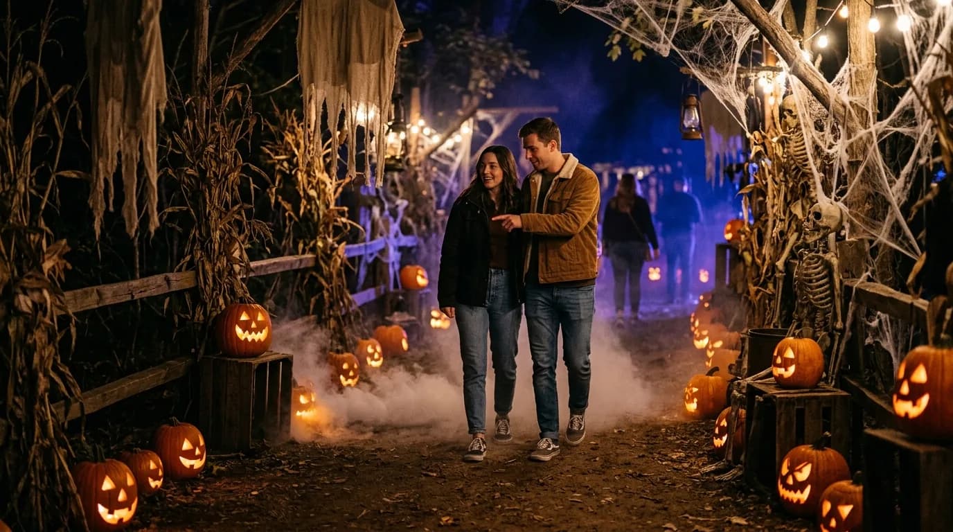A couple walks through a spooky Halloween haunted attraction with fog and decorations.