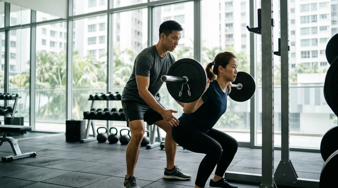 Personal trainer assisting a client with a barbell exercise in a modern gym