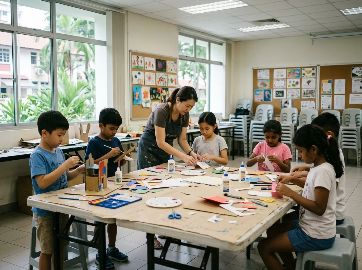 Children and teens participating in a guided arts and crafts session with an adult facilitator.