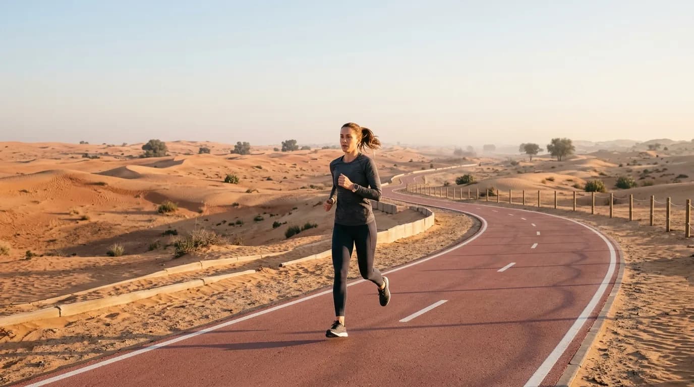 Female runner jogging on a paved path in the UAE desert during early morning light.