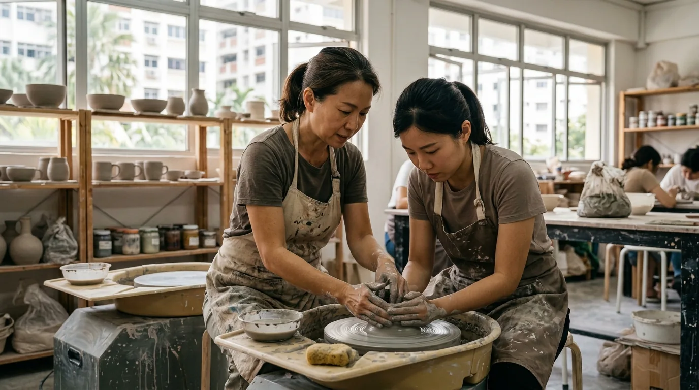 Pottery instructor helping a student shape clay on a wheel