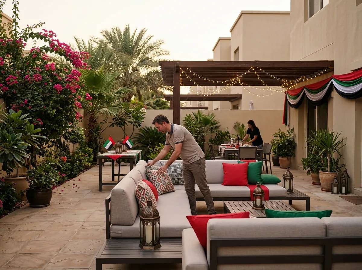 Outdoor courtyard space being arranged with seating and ambient lighting for guests