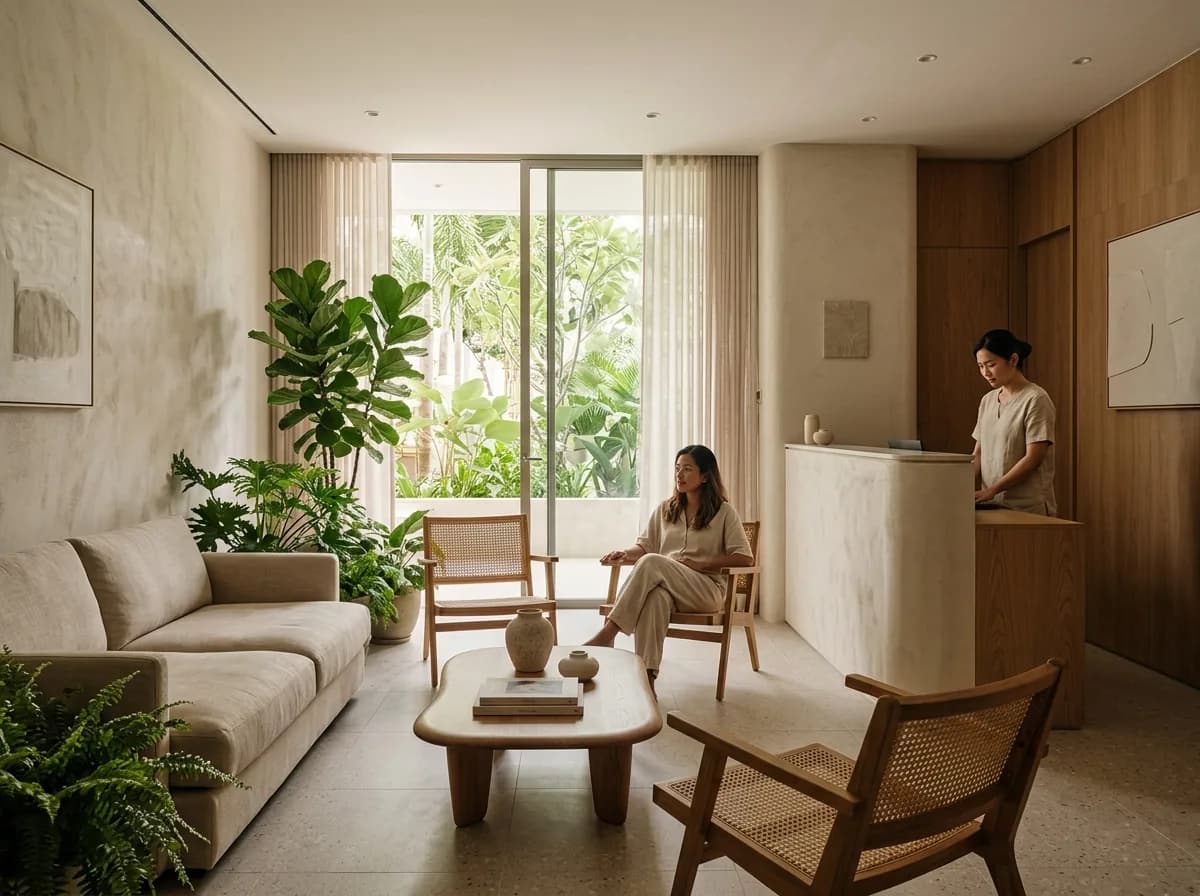 Serene spa reception area with comfortable seating and soft ambient lighting