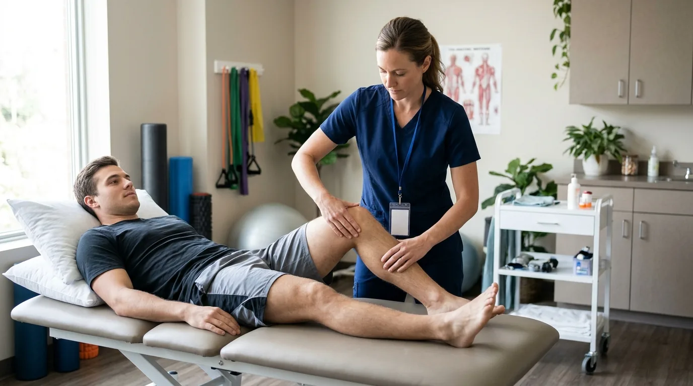 Physical therapist examining a patient's leg during a sports injury assessment.