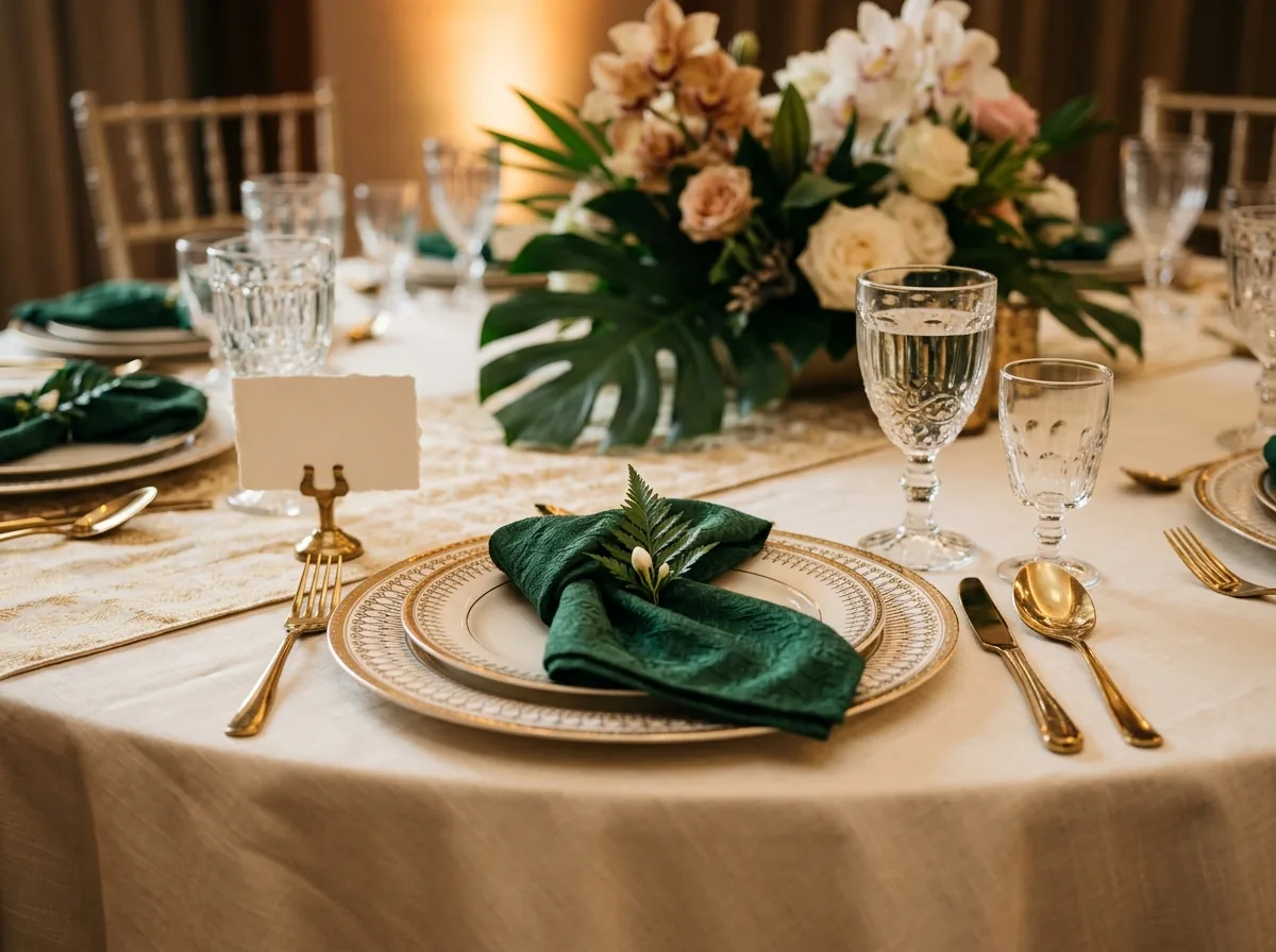 Close-up of a formal place setting with plate, glassware, and napkins at a wedding table.