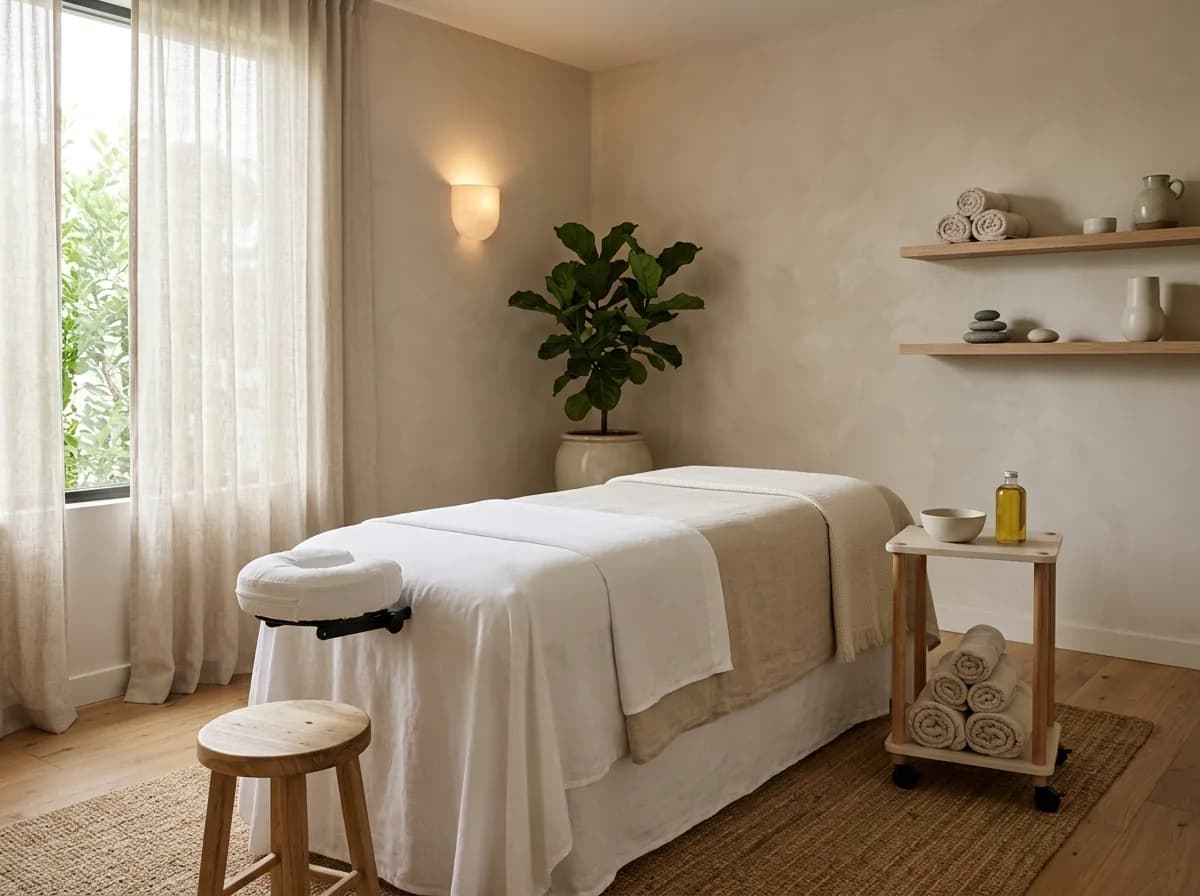 Spa treatment room with massage table and warm lighting.
