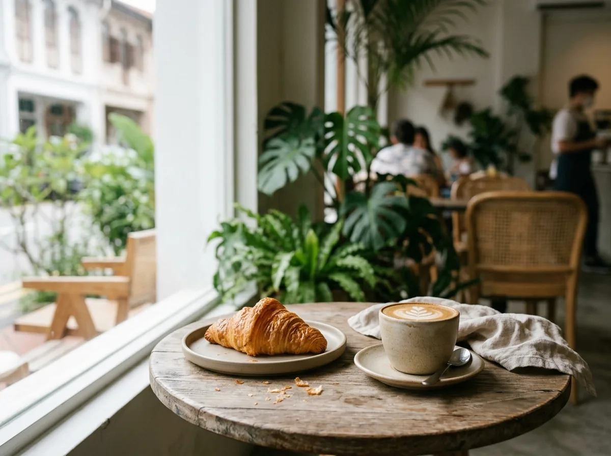 A croissant and cappuccino on a café table with natural window light.
