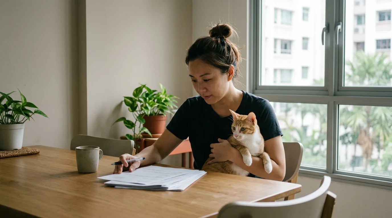 Person holding an alert domestic cat indoors while reviewing documents on a table.