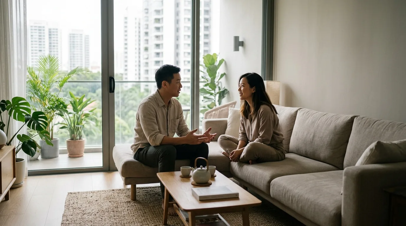 Two adults sitting on a sofa having a serious conversation in a modern living room.