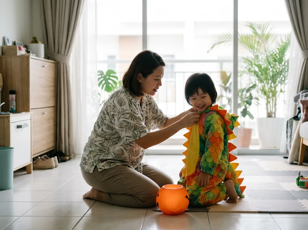 Parent adjusting child's Halloween costume for comfort and fit.