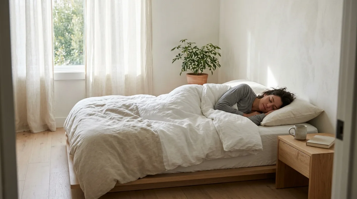 Person sleeping restfully in bed with sunlight coming through window.