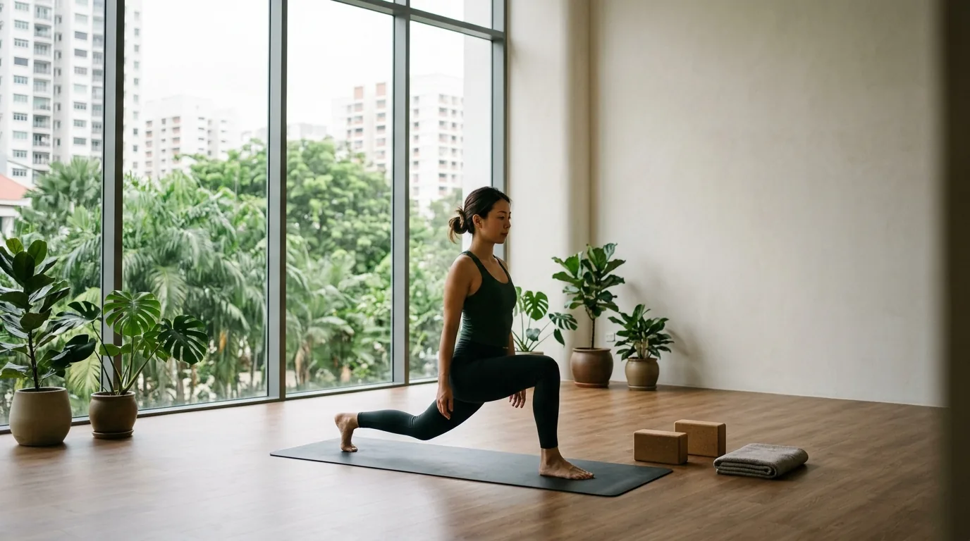 Woman in yoga pose on mat in bright, plant-filled studio with natural light
