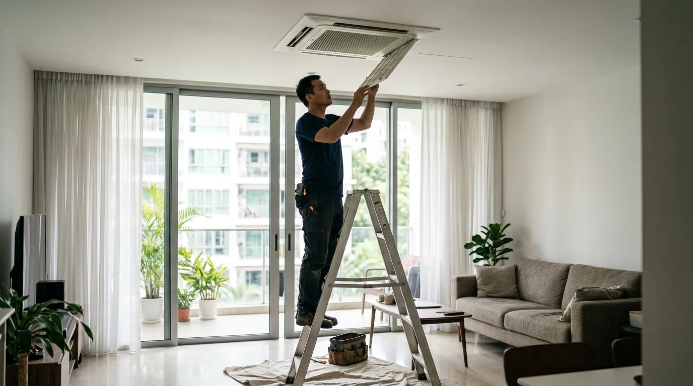 Technician servicing a ceiling cassette aircon unit in a modern living room