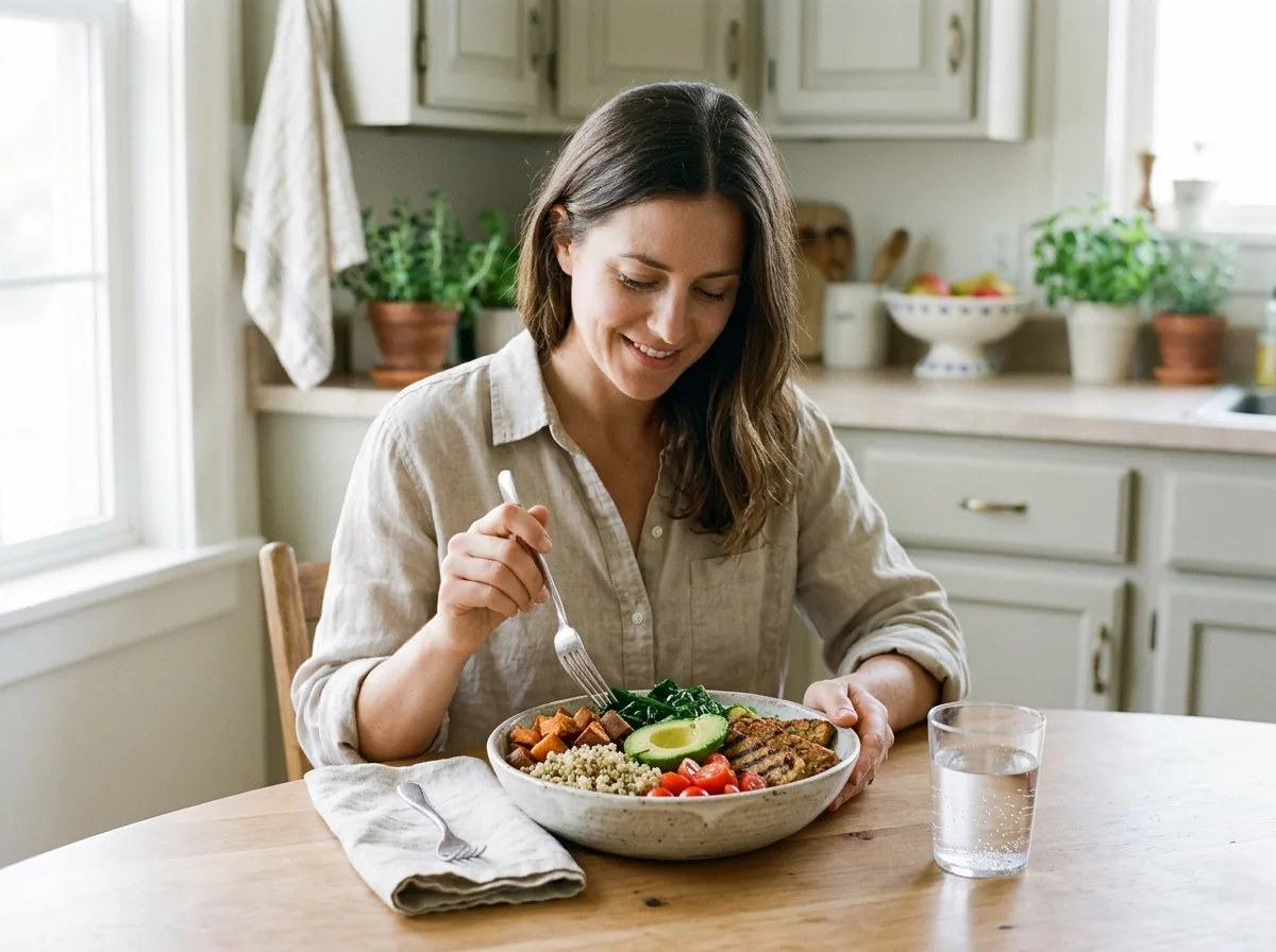 Person eating a healthy meal with vegetables, grains and protein at home.