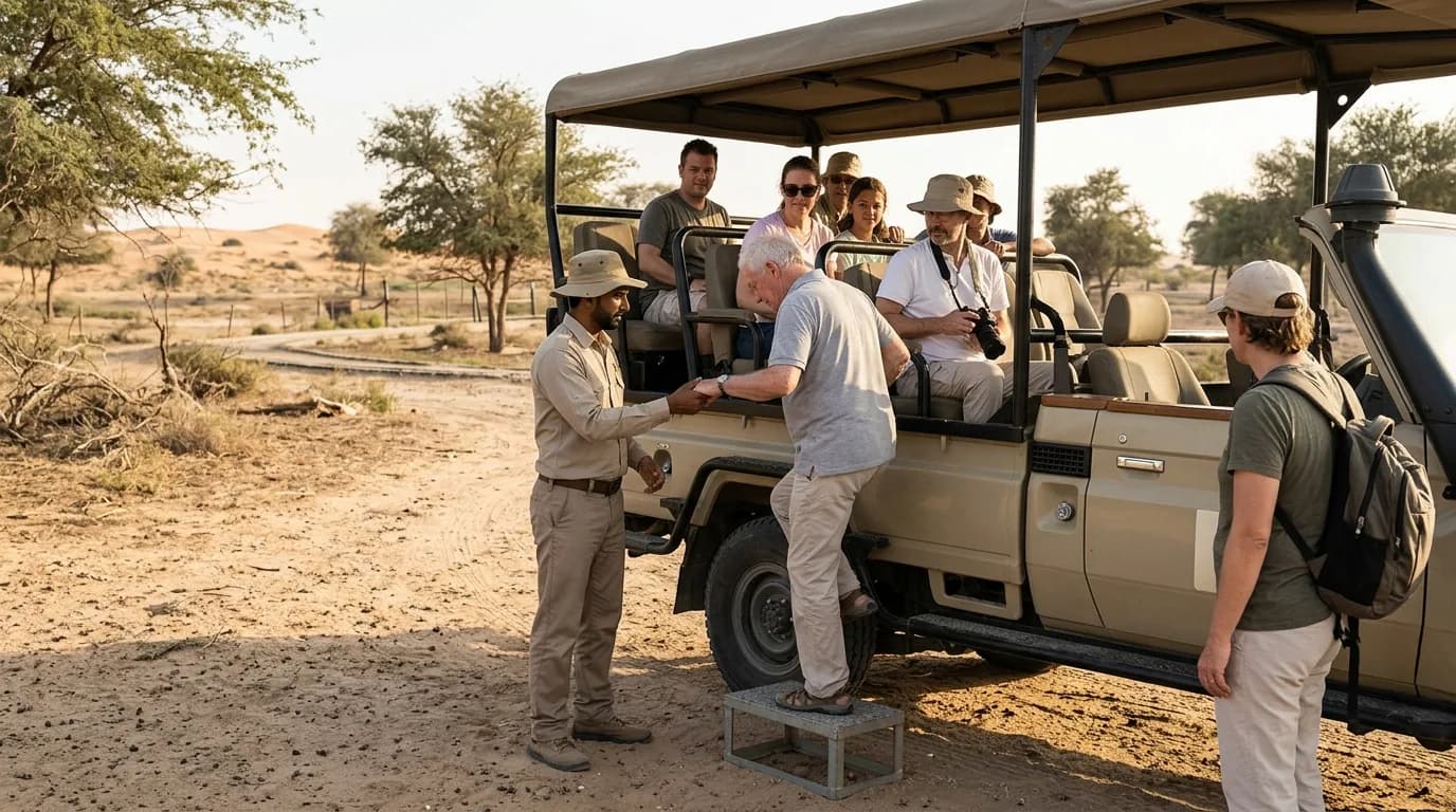 Safari guide and tourists boarding an open vehicle for a wildlife tour.