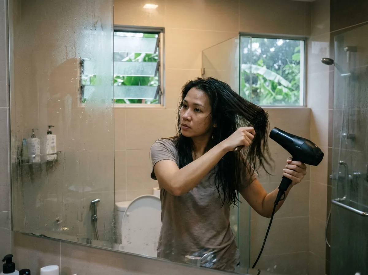 Person using blow dryer on damp hair in steamy bathroom