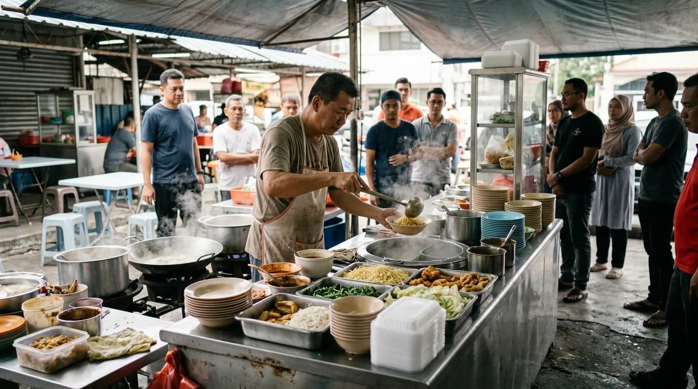 Hawker stall vendor preparing noodle and rice dishes at a busy Malaysian street food market.