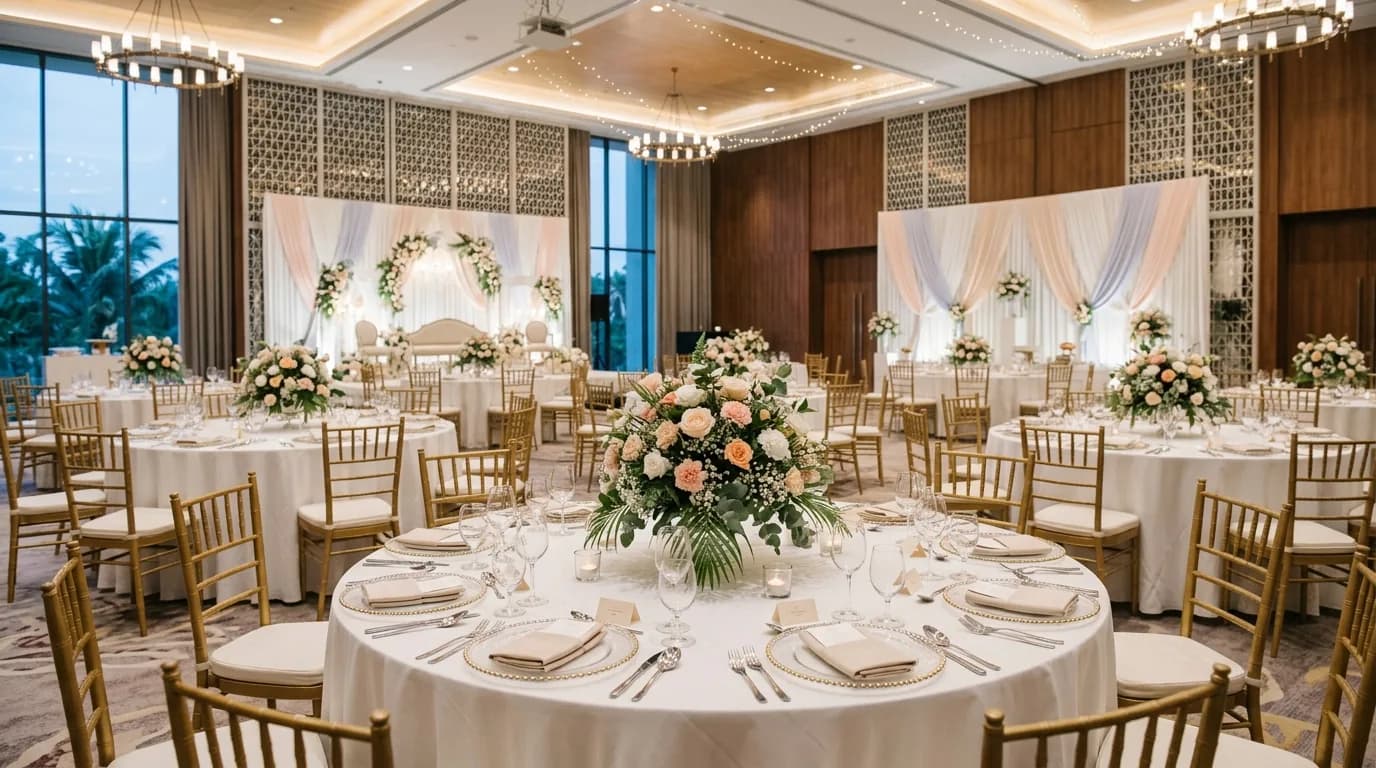 Elegant wedding reception hall with round tables, white linens, and flower arrangements.