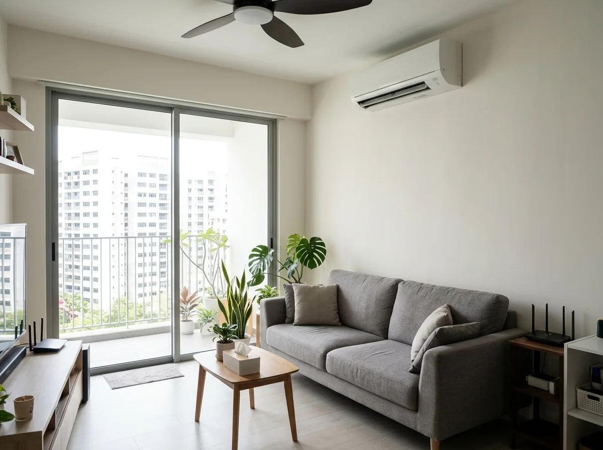 Indoor air conditioning unit mounted on a bedroom or living room wall.