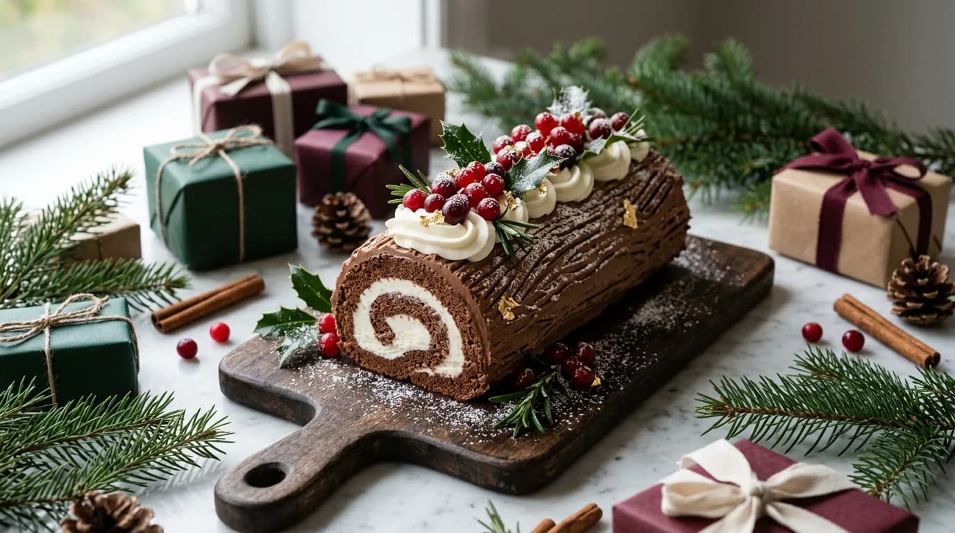 Chocolate Christmas log cake decorated with cream, berries, and holiday garnishes on a table with gifts.