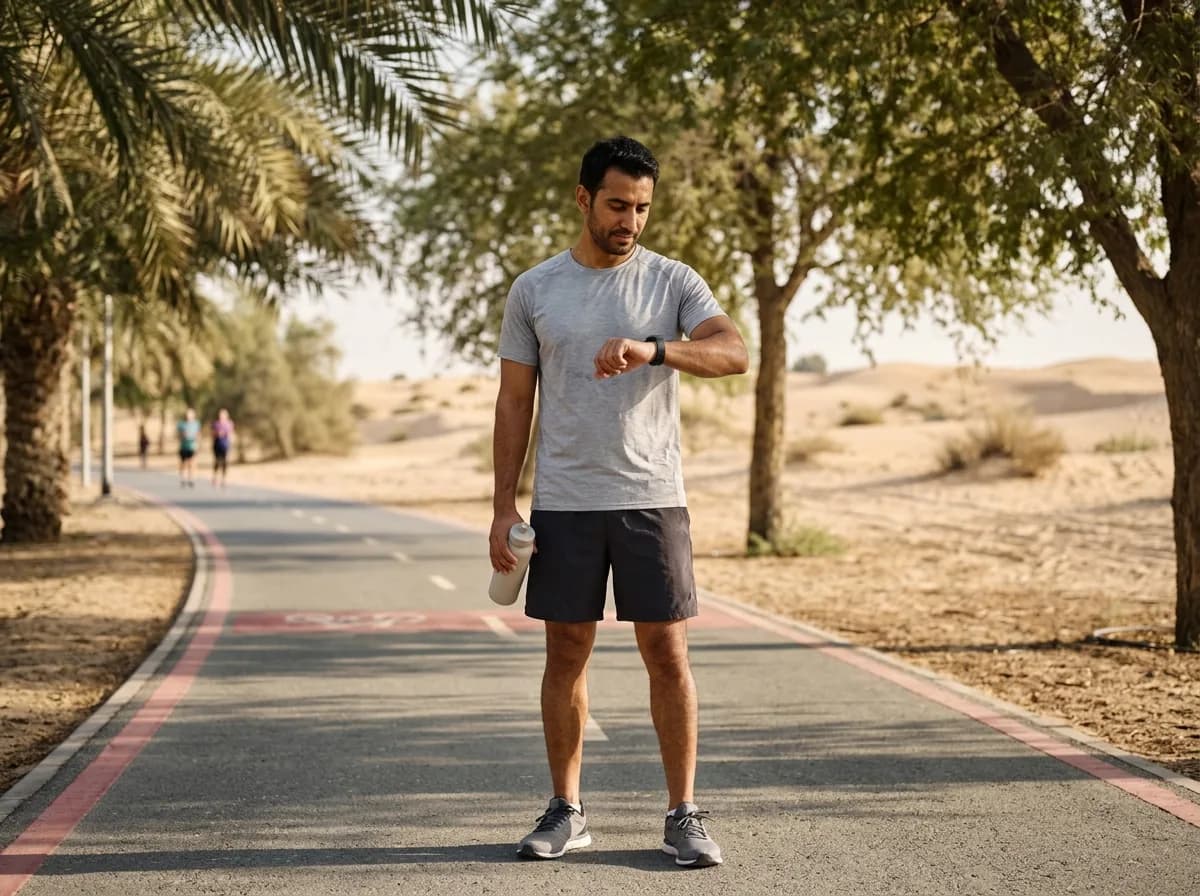 Male runner checking fitness tracker on a shaded UAE pathway.