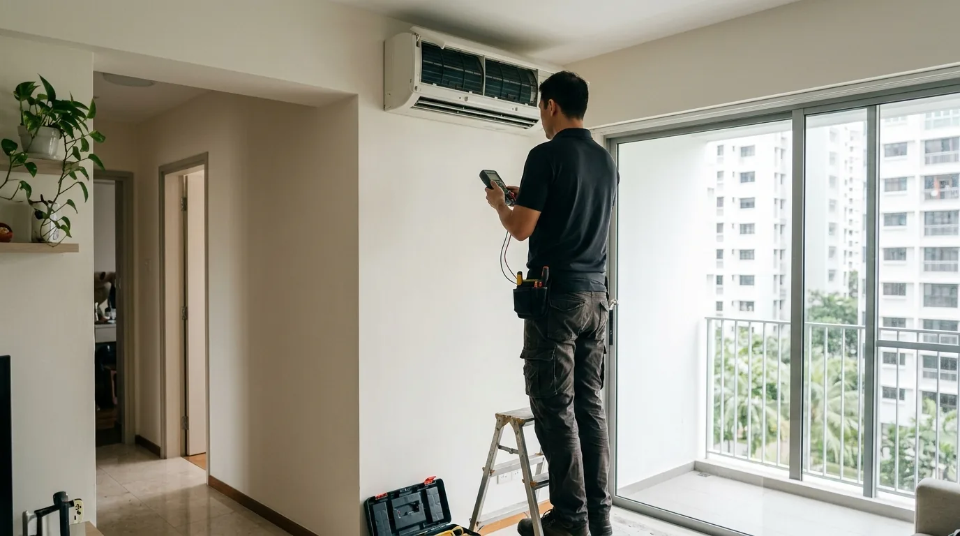 Technician servicing a wall-mounted air conditioner unit indoors