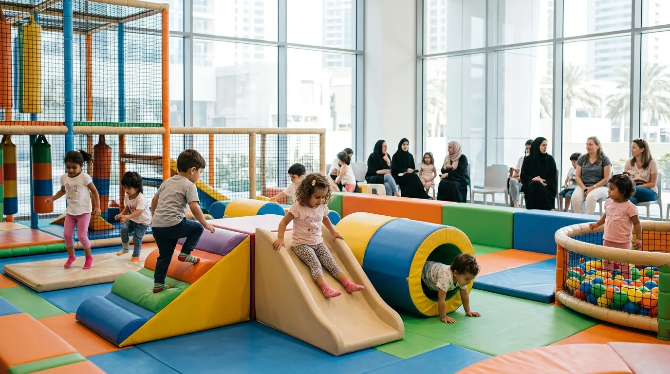 Young children playing in a bright indoor play facility with colorful climbing equipment and soft structures.