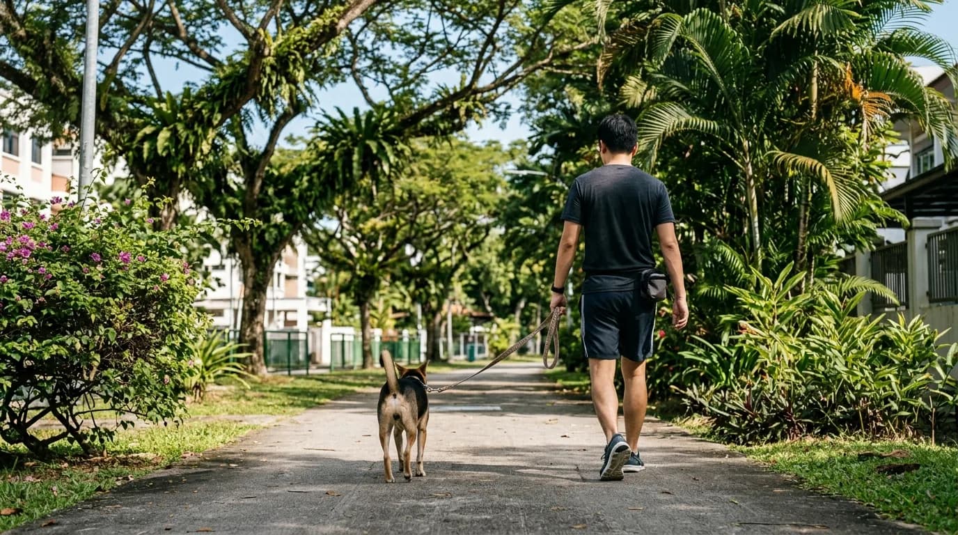 Dog owner walking a leashed dog on a tropical path with lush greenery and bright sunshine.