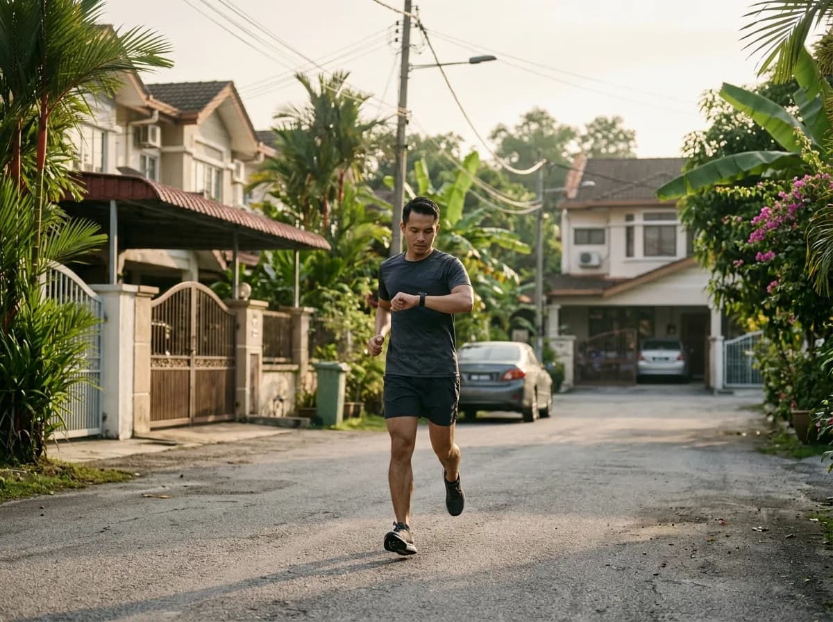 Runner checking fitness tracker during morning training session in Malaysia.