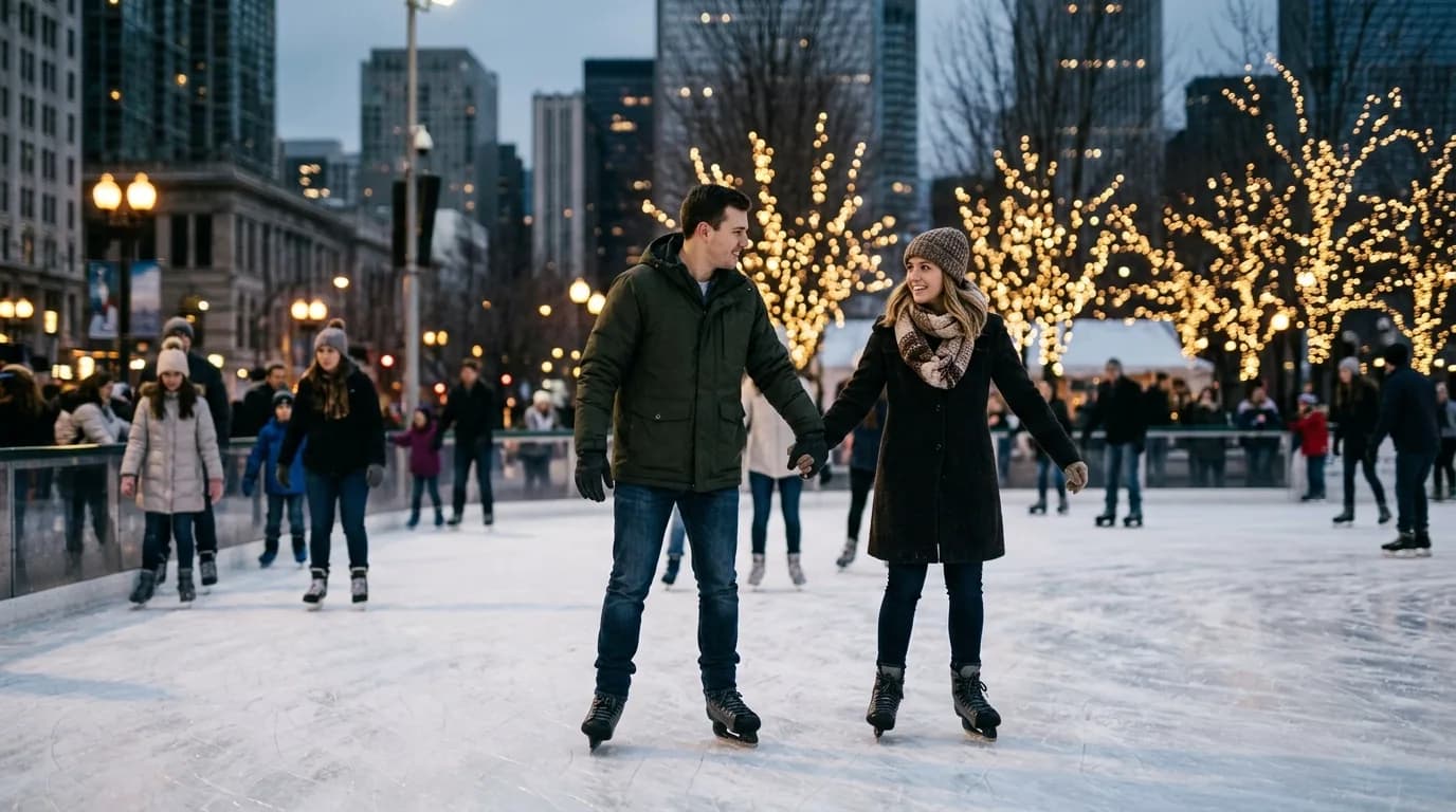 Couple ice skating together outdoors in a city rink at night with buildings and lights behind them.