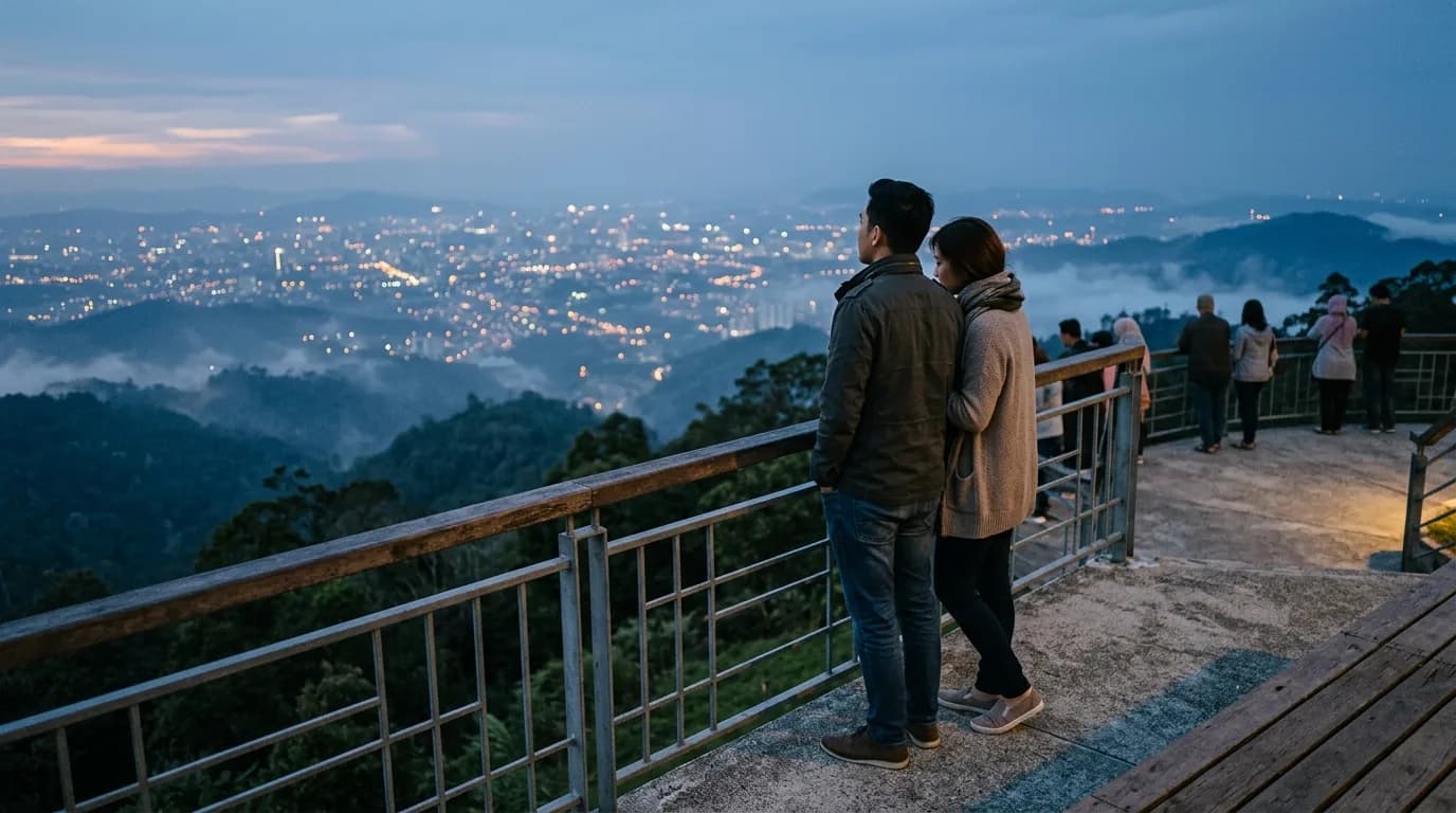 Couple enjoying evening views from Penang Hill hilltop overlooking George Town's city lights.