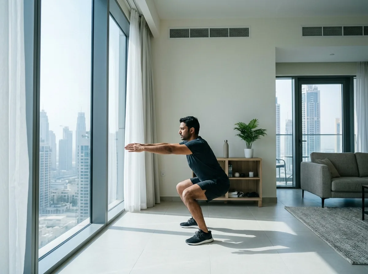Person performing squats by a window in a modern, well-lit Dubai apartment.