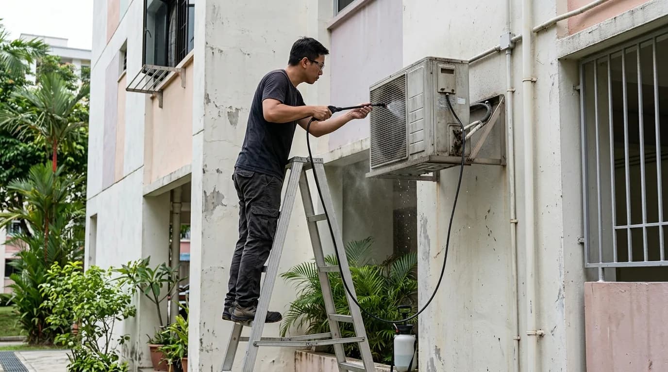 Technician cleaning air conditioning unit on wall with chemical solution and tools.