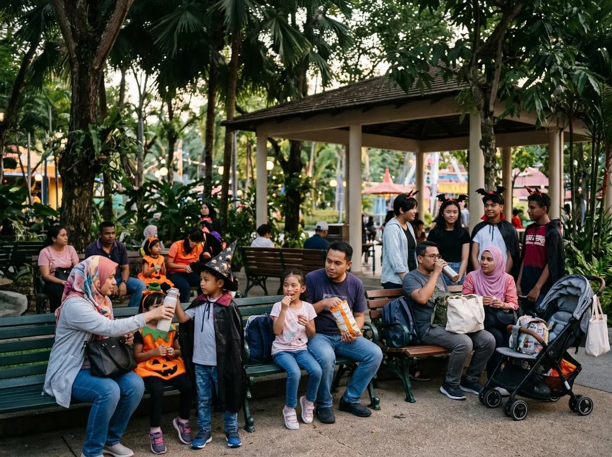Families resting and refreshing during an evening at an amusement park.