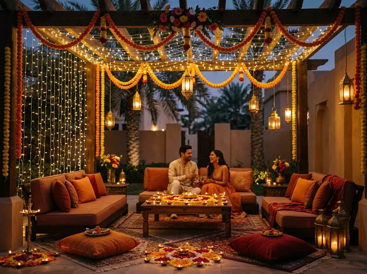 Romantic outdoor Dubai setting with fairy lights, cushions, and floral Diwali decor.