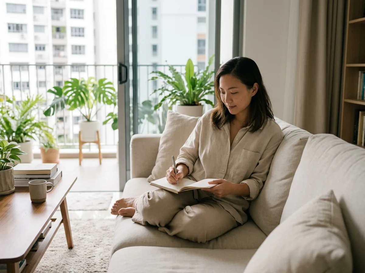 A person writing in a journal at home, appearing reflective and thoughtful.