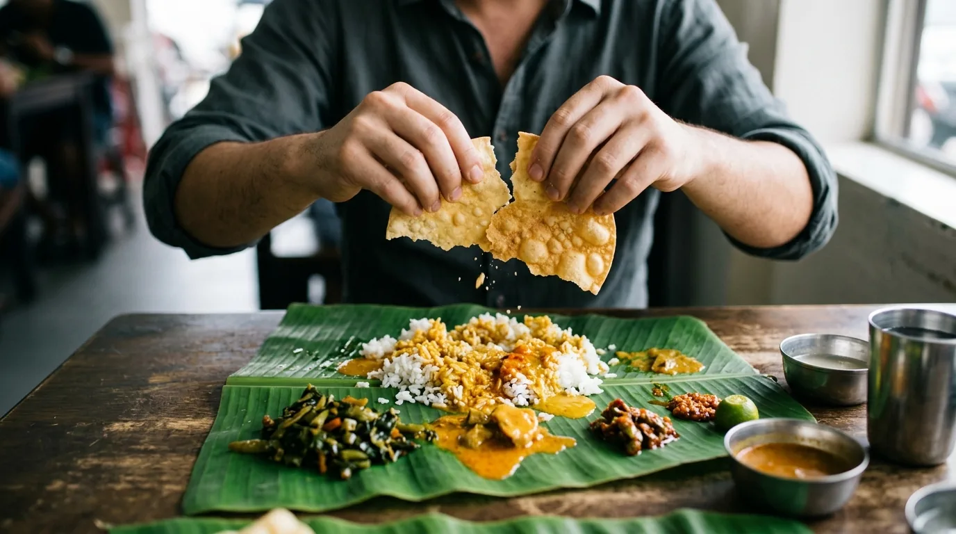 Hands tearing crispy papadum over banana leaf rice with curry and vegetables
