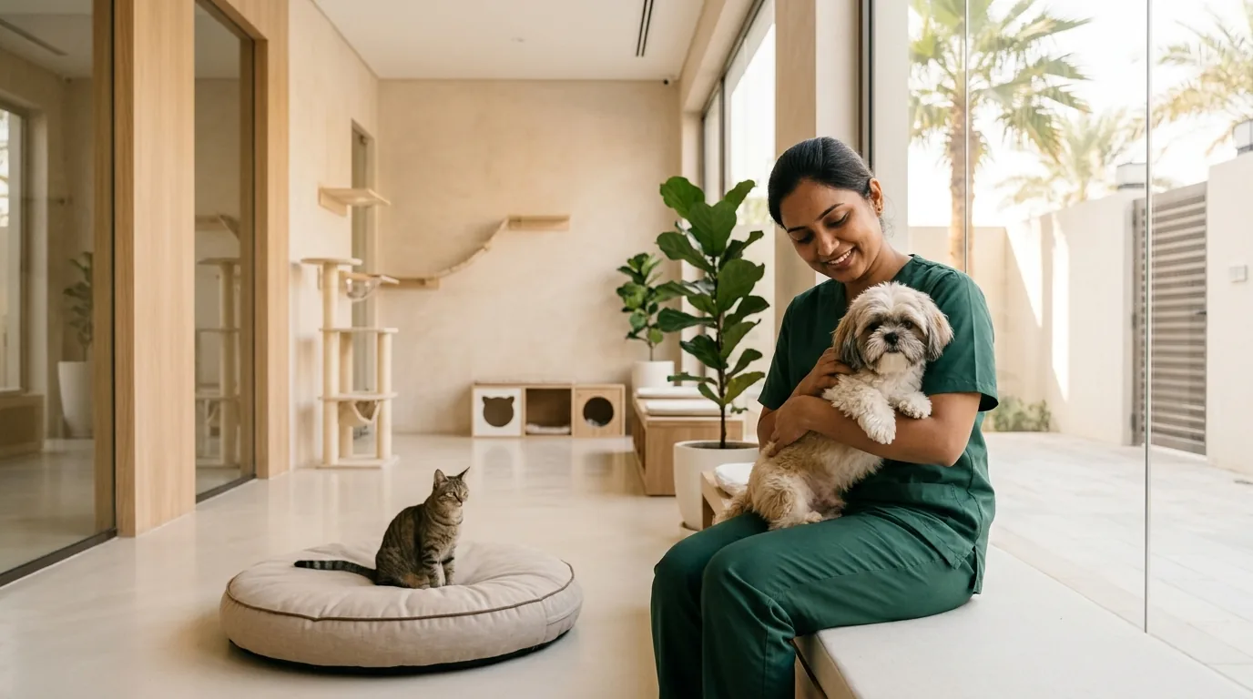 Pet care worker with a small dog and cat in a clean, well-lit boarding facility.