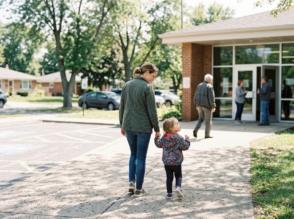 Adult and child walking together holding hands in a community setting.