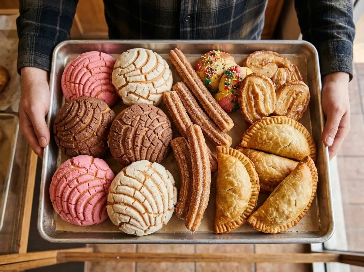 Tray with various colorful Mexican pastries ready for purchase.