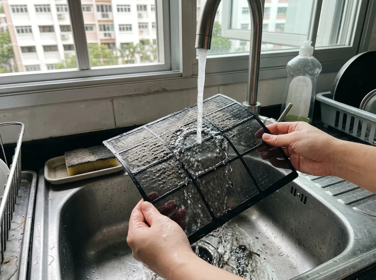Aircon filter being rinsed with water during routine cleaning.