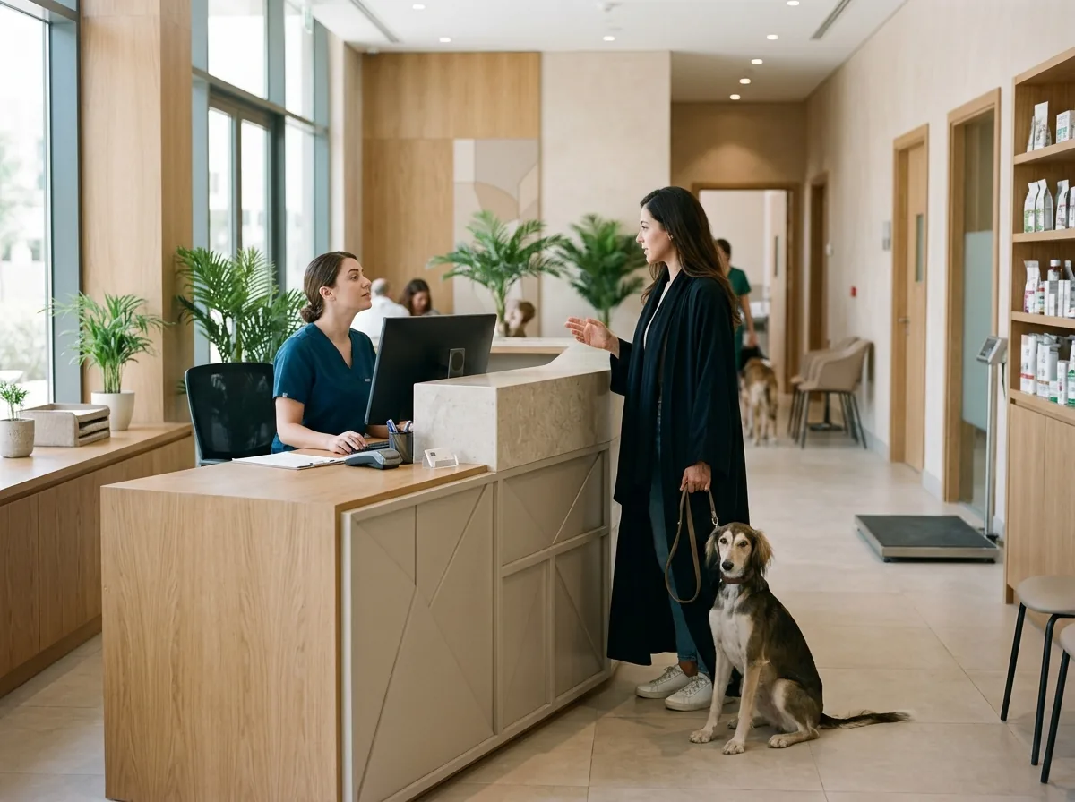 Pet owner at veterinary clinic reception with cat carrier, speaking to receptionist.