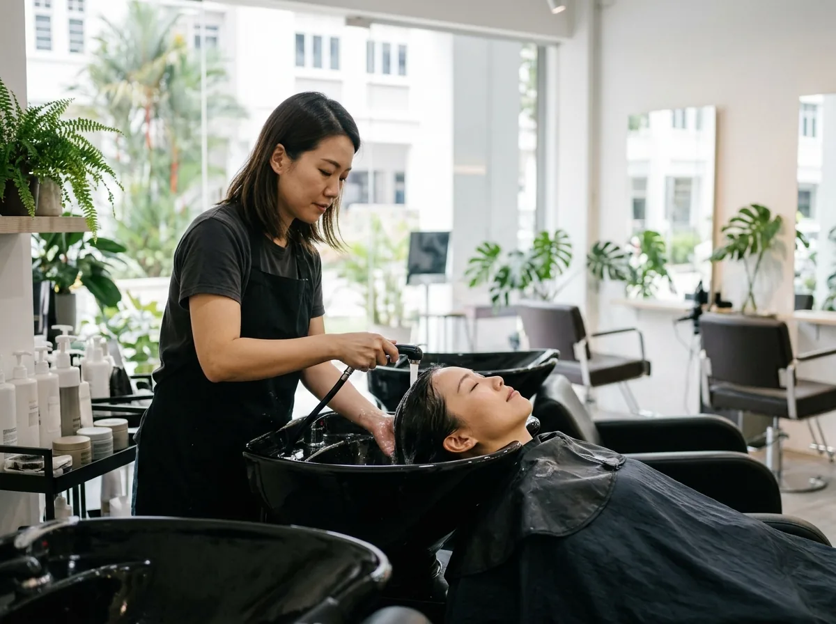Stylist washing client's hair at a salon basin during keratin treatment prep.