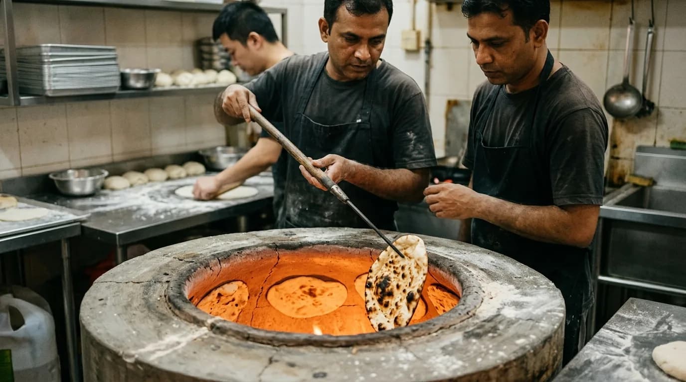 Chef removing freshly cooked naan from a traditional tandoor clay oven in a kitchen.
